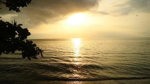 Panoramic sunset view at a beach in the tropics over calm ocean Stock Photos
