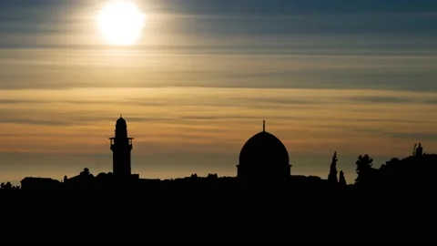 Panoramic Sunset view of Jerusalem Old City and Temple Mount, Time Lapse Stock Footage 170126654