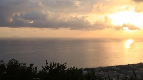 Panoramic sunset view with sea and mountain on the backgroung Stock Footage 82864653