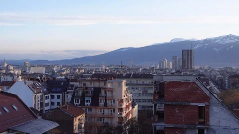 Panoramic sunset view of Sofia, Bulgaria with Vitosha Mountain Stock Footage 304438315