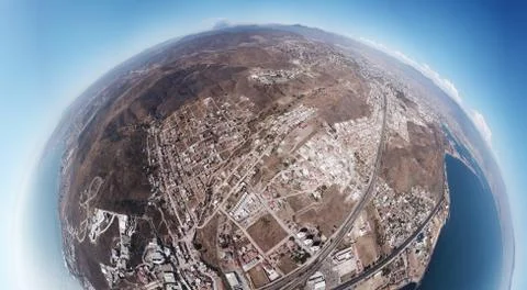 Panoramic super wide angle shot of Ensenada taken fron airborn drone Stockfoto's