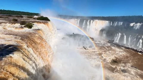 Panoramic Sweep Across Rainbow and Broad Cascades at Brazil’s Iguazu Falls Stock Footage 342275697