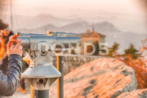 Panoramic telescope among tourists Stock Photos