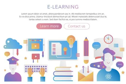 Panoramic template poster background concept E-learning school, online distance Stock Illustration
