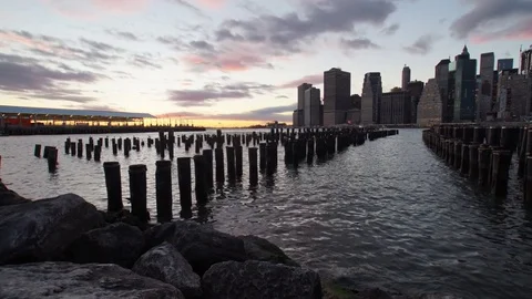 Panoramic Time-lapse of Brooklyn Bridge Park at Sunset Stock Footage 70100327