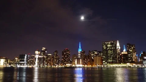 Panoramic Time-lapse of the Moon over the NYC and the Empire State Building Stock Footage 74132218