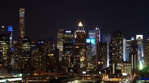 Panoramic Time-Lapse Moon Rising behind the  Manhattan Skyline and Times Square Stock Footage 63637310
