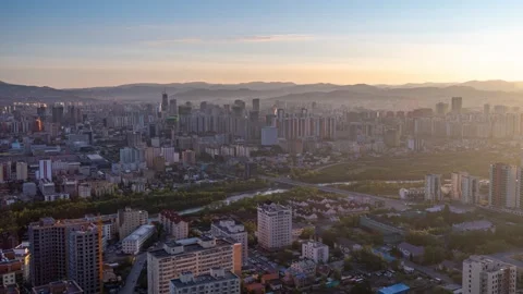 Panoramic time lapse sunrise view of the Ulaanbaatar city, Mongolia capital Stock Footage 338386965
