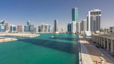 Panoramic timelapse hyperlapse view of business bay and downtown area of Duba Foto stock