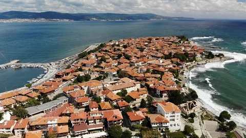 Panoramic top view of the ancient town of Nessebar, sea and the mountains Stock Footage 97153732