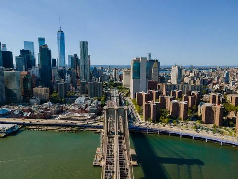 Panoramic top view Brooklyn Bridge showing Manhattan skyline New York Stock Photos