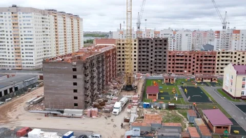 Panoramic top view of building under construction and cranes 動画素材 143993119