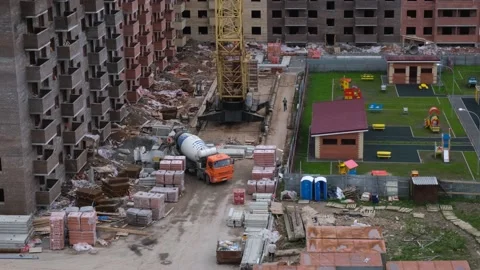 Panoramic top view of building under construction and cranes Stock Footage 145385696