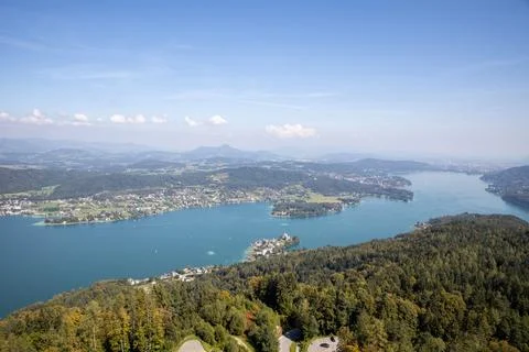 Panoramic top view of the green Austrian Alps, Maria Wrth and Werthersee lake Stock Photos
