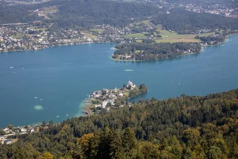 Panoramic top view of the green Austrian Alps, Maria Wrth and We Stock Photos