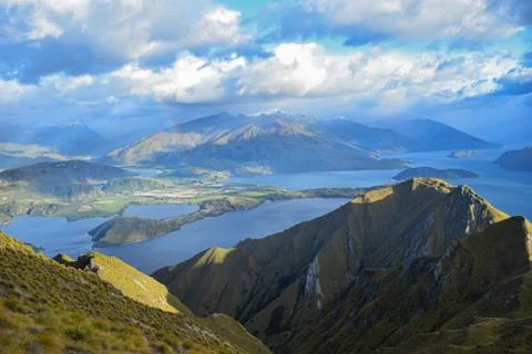 PANORAMIC TOP VIEW LANDSCAPE, BLUE WATER MOUNTAIN AND SKY BACKGROUND Stock Photos