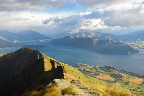 PANORAMIC TOP VIEW LANDSCAPE, BLUE WATER MOUNTAIN AND SKY BACKGROUND Stock Photos
