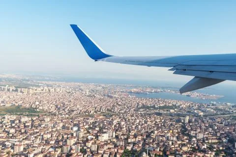 A panoramic top view from a n airplan of the beautiful city Istanbul and the Stock Photos
