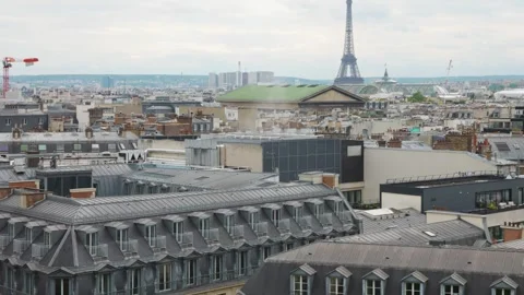 Panoramic top view of Paris, rooftops and the Eiffel Tower. Stock Footage 308740055