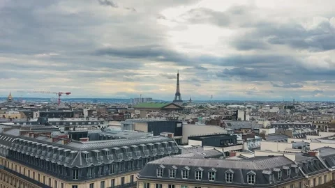 Panoramic top view of Paris, rooftops, Eiffel Tower and cloudy sky. Stock Footage 311939131