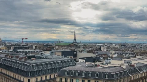 Panoramic top view of Paris, rooftops, Eiffel Tower and cloudy sky. Stock Footage 311939317