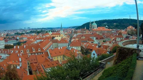 Panoramic Top view to red tile roofs of Prague city Czech republic. Typical Stock Footage 80816907