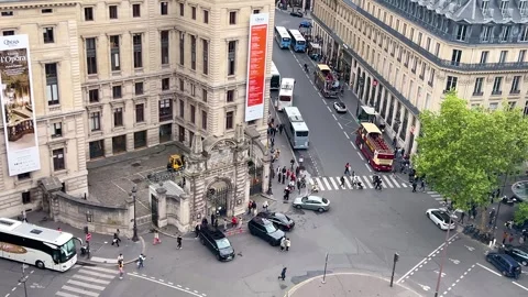 Panoramic top view of the traffic on Place Diaghilev and Palais Garnier. Stock Footage 311939499