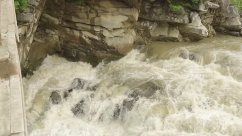 Panoramic top view to waterfall Probiy and mountain river with rocks. Beautiful Stock Footage 159574812