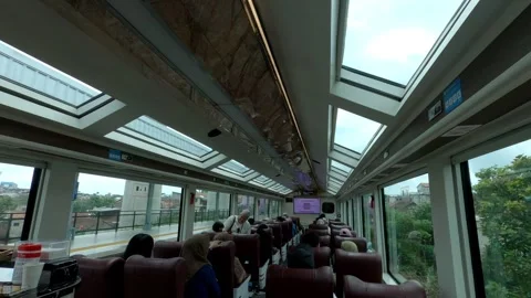 Panoramic Train Inside View passing Train station Stock Footage 305333525