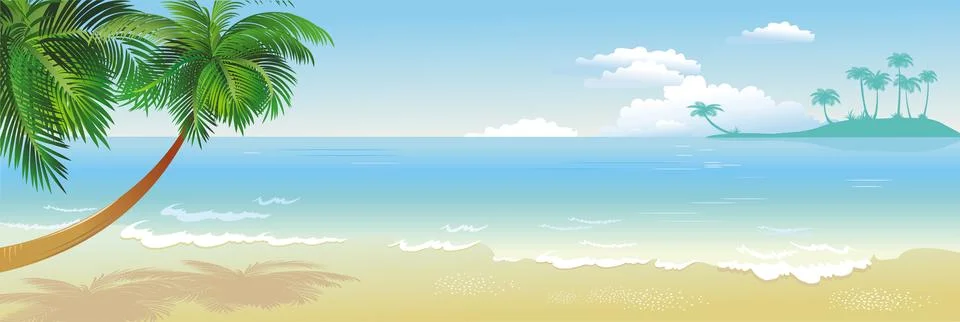 Panoramic tropical beach with palms Stock Illustration