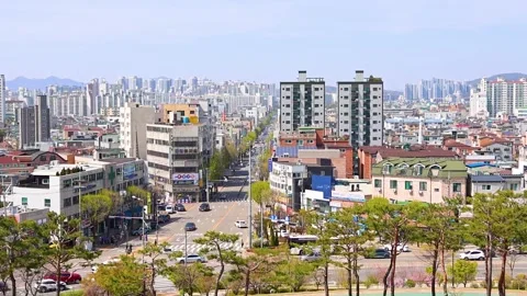 Panoramic Urban Skyline View of Suwon South Korea From Elevated Park on Apr.. Stock Footage 336440415