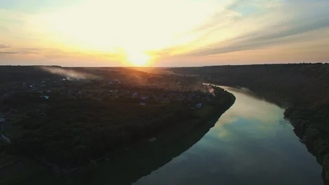 Panoramic video from a drone that captures beautiful scenery, a slow river Stock Footage 128279916