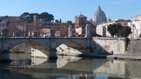 Panoramic video of Ponte Sant'Angelo and the dome of San Pietro in Rome,Italy Stock Footage 145283392