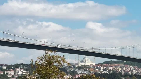 Panoramic View of the 15 July Martyrs Bridge with Turkish flags over the Stock Footage 323344086