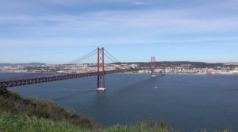 Panoramic View on the 25 de Abril Bridge in Lisbon Stock Footage 60602861