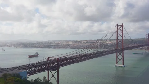 Panoramic View on the 25 de Abril Bridge in Lisbon Stock Footage 89979520