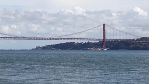 Panoramic view of 25 de Abril Bridge Stock Footage 307236844