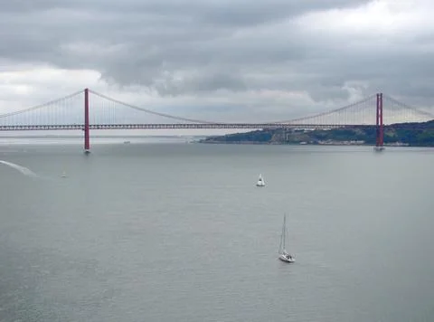 Panoramic view of 25 de Abril Bridge, Lisbon Portugal Stock Photos