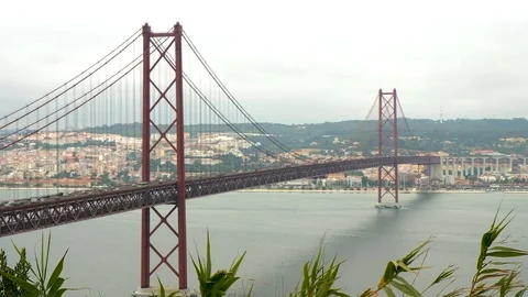 Panoramic view of 25th of April Bridge (Ponte 25 de Abril) in Lisbon, Portugal Stock-Footage 99725501