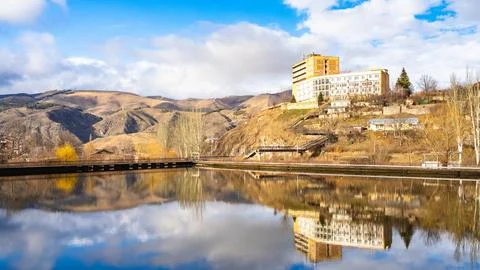 Panoramic view of 3 Lakes in Vanadzor and Hotel Stock Photos