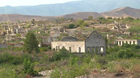 Panoramic view of Abandoned and Destroyed Willage Buildings In Fuzuli Karabakh Stock Footage 221712603
