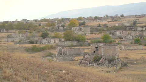 Panoramic view of Abandoned and Destroyed Willage Buildings In Agdam Karabakh 1 Stock Footage 221989271