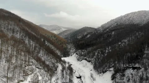 Panoramic view of Abant. Ascending above winter forest in the mountain, Turkey Stock Footage 133278884