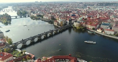 Panoramic view from above to the city of Prague and Charles Bridge, Vltava River 스톡 동영상 84201486