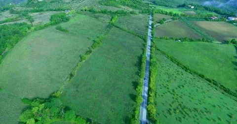 Panoramic view from above on a forest road, fields and forest, a Stock Footage 73398072