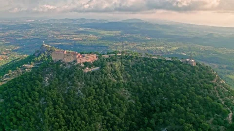 Panoramic view from above of Historical landmark Sanctuary of Sant Salvador. Stock Footage 197488985