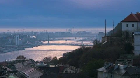 Panoramic view from above on landmarks of Budapest at autumn dawn. Hungary Stock Footage 121055796