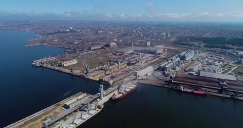 Panoramic view from above of a large shipyard. Shipbuilding yard. Industrial Video stock 313331017