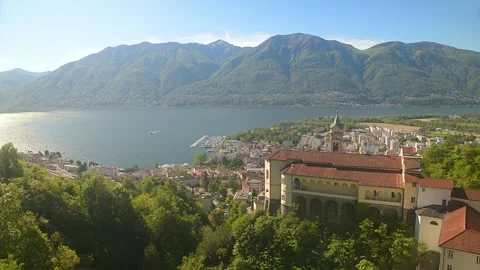 Panoramic view above Madonna del Sasso and Lake Maggiore in Locarno, Switzerland Stock Footage 341349581