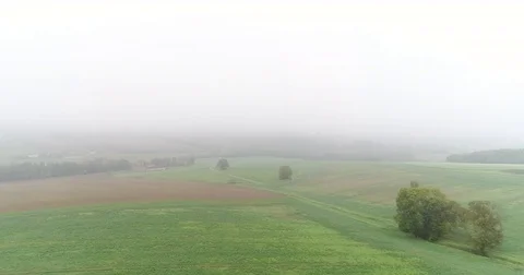 Panoramic View From Above On Meadows And Fields In Fog, European Nature Field Stock Footage 83060604